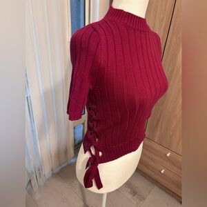 Express Ribbed Side-Tie Crew Neck Short sleeve Sweater - Wine